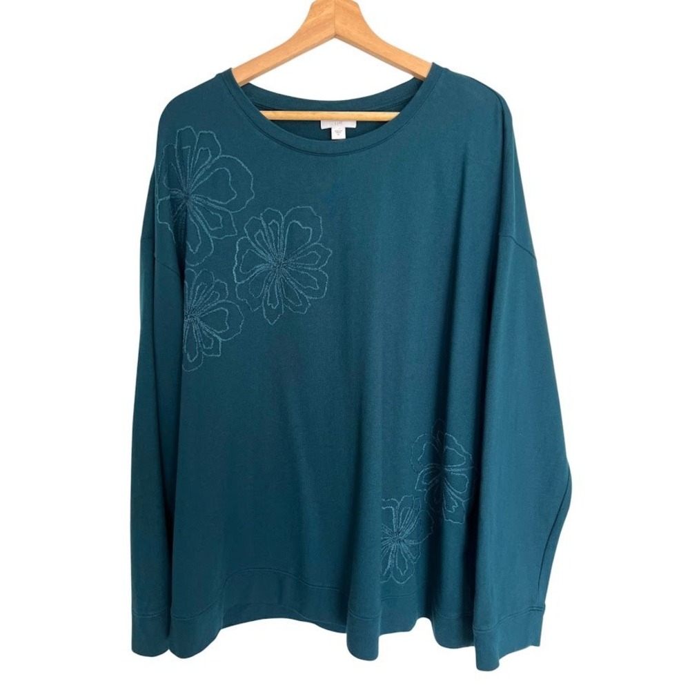 J. Jill Embroidered Floral Sweatshirt Teal Blue Cotton Modal XL Relaxed Top